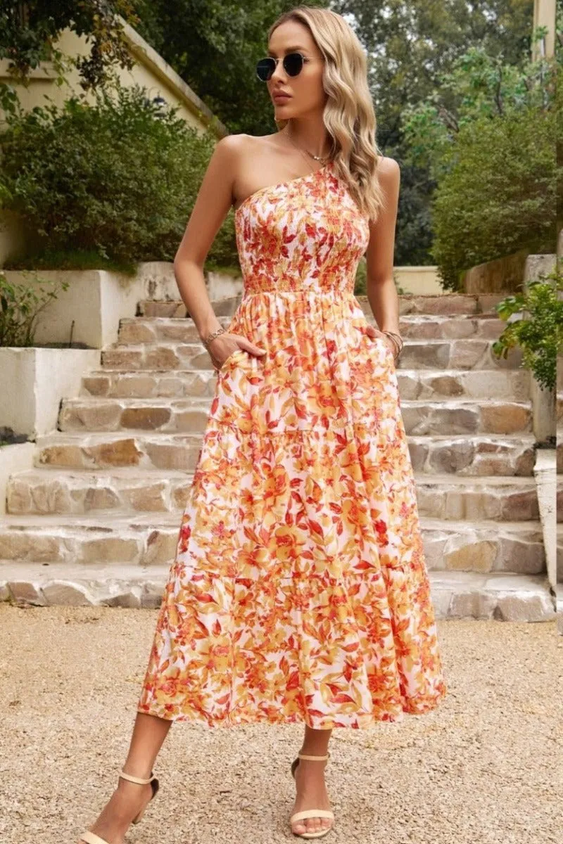 Cleo Floral One Shoulder Midi - Peach