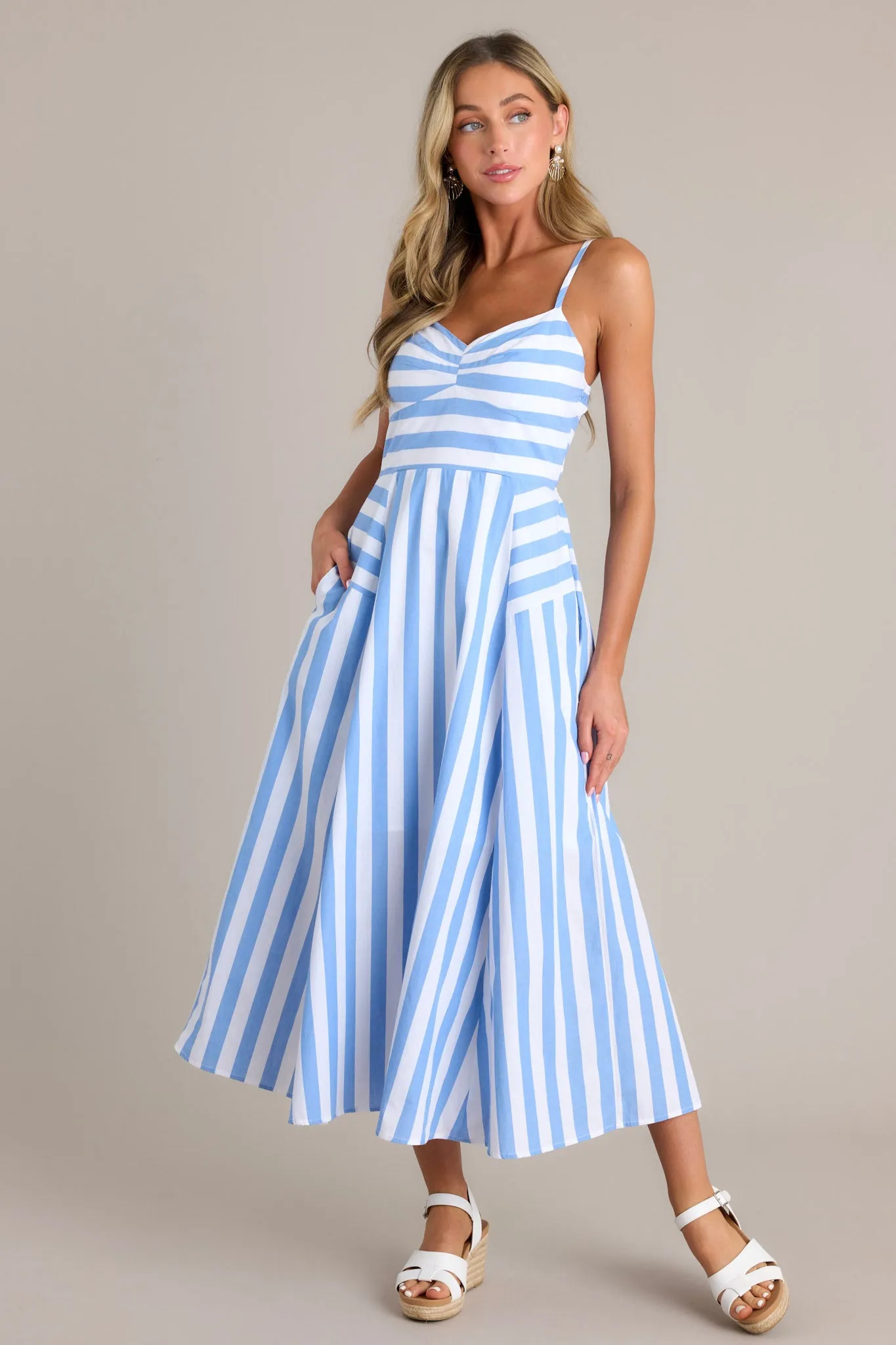 Coastal Cutie 100% Cotton Light Blue Stripe Midi Dress