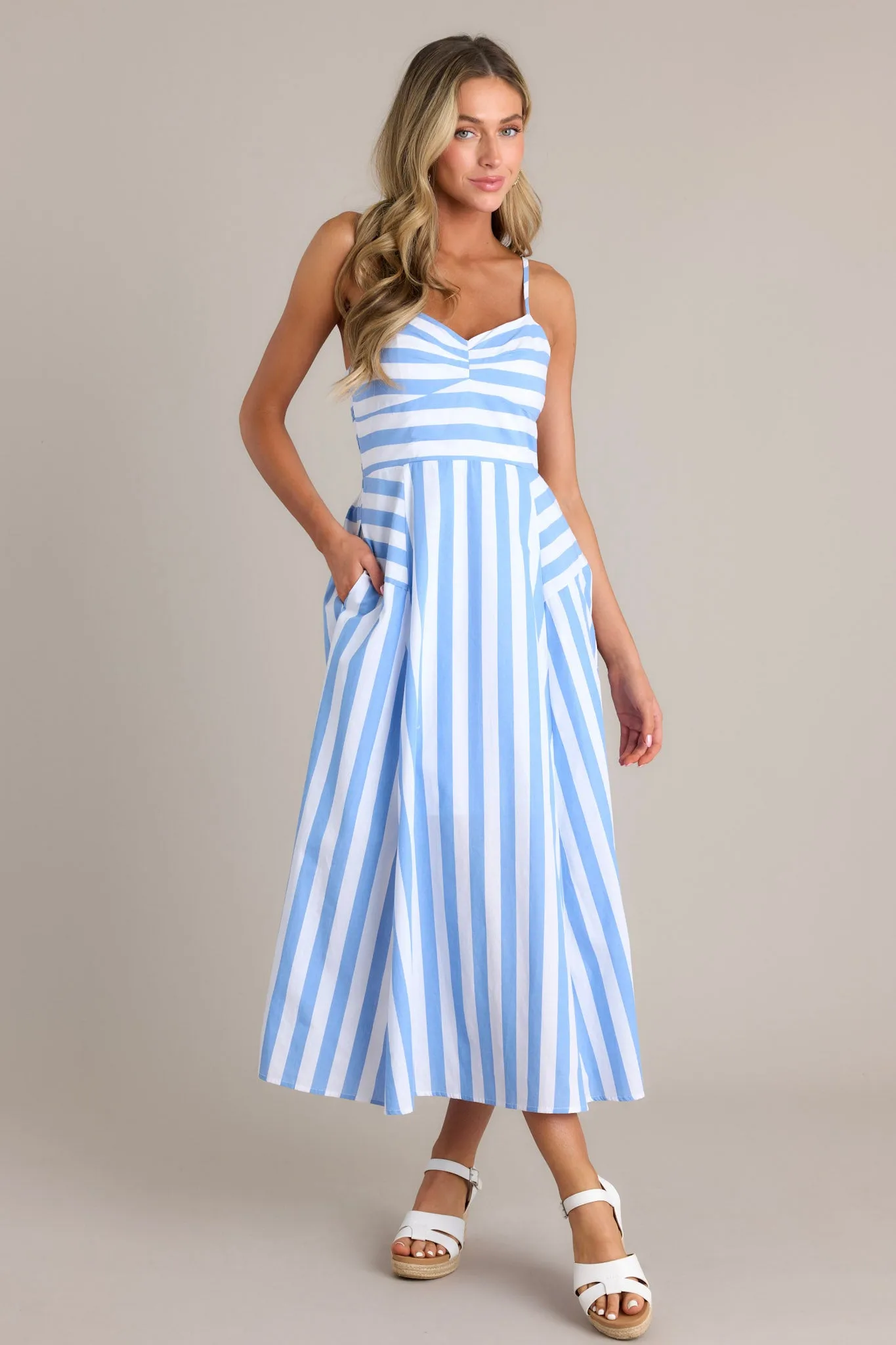 Coastal Cutie 100% Cotton Light Blue Stripe Midi Dress