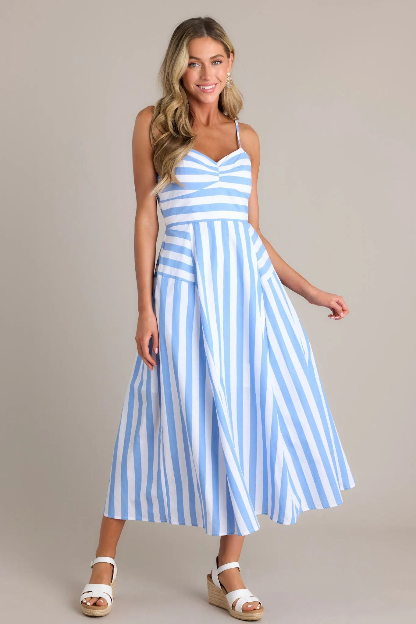 Coastal Cutie 100% Cotton Light Blue Stripe Midi Dress