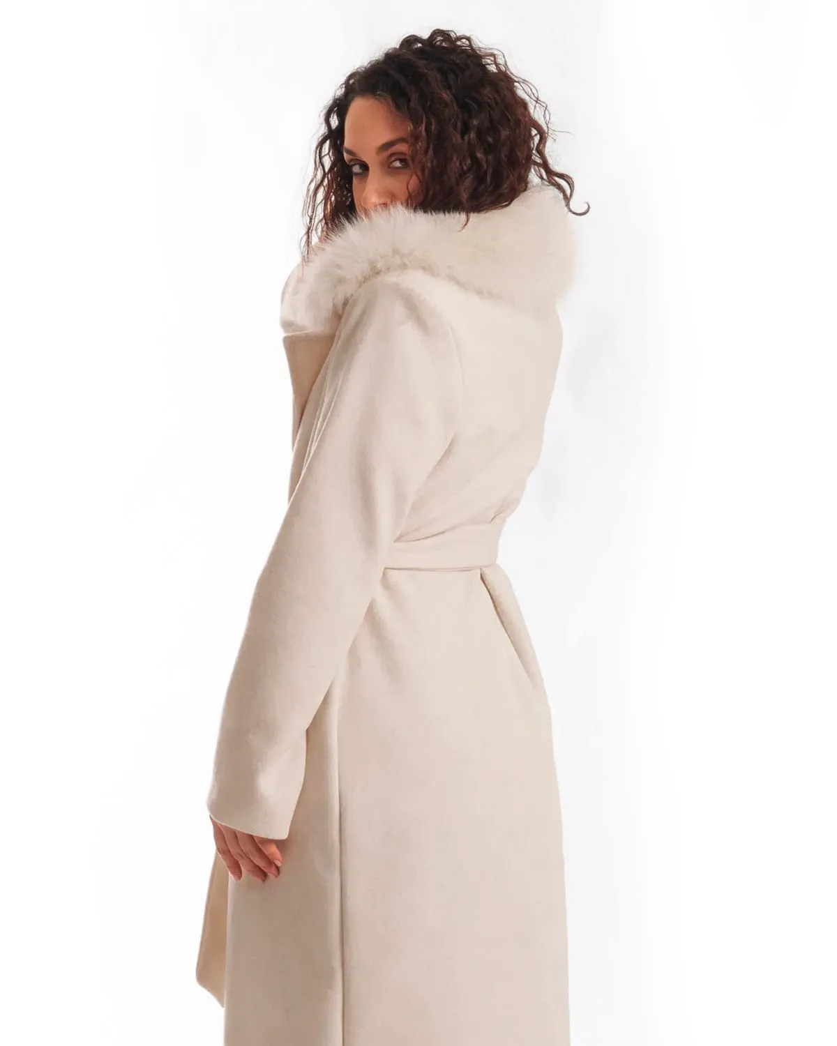 Cream Coat with Belt and Fox Collar