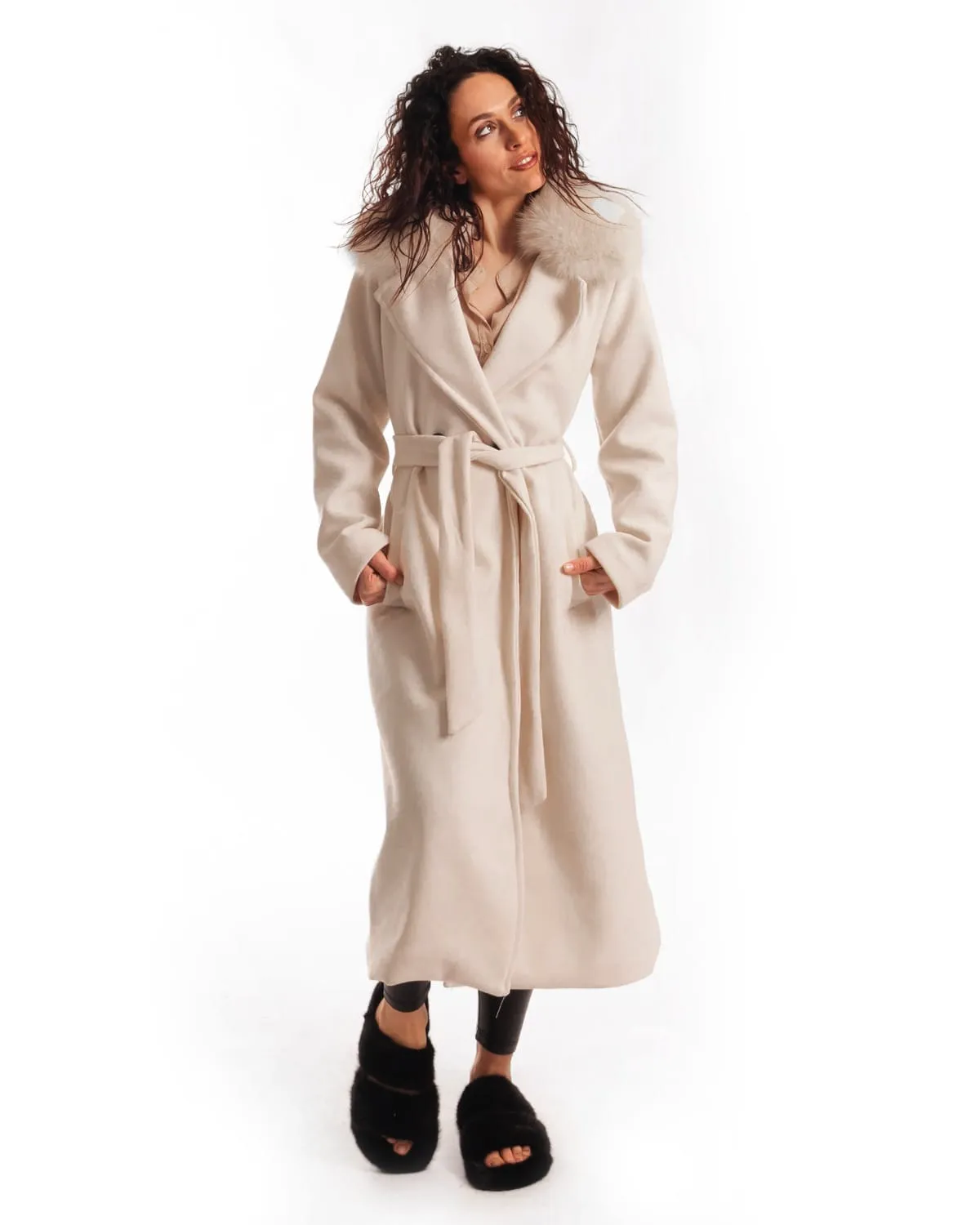 Cream Coat with Belt and Fox Collar