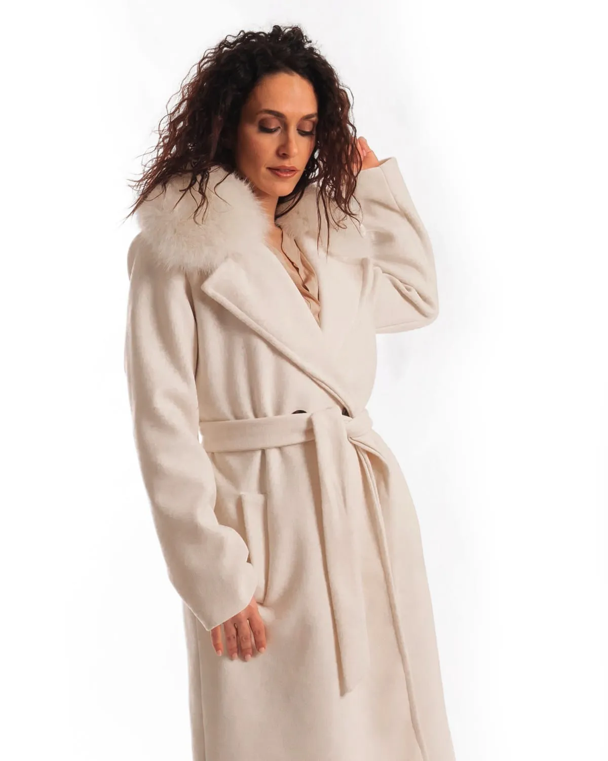 Cream Coat with Belt and Fox Collar