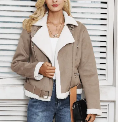 CROPPED SUEDE JACKET WITH LAMB FUR COLLAR