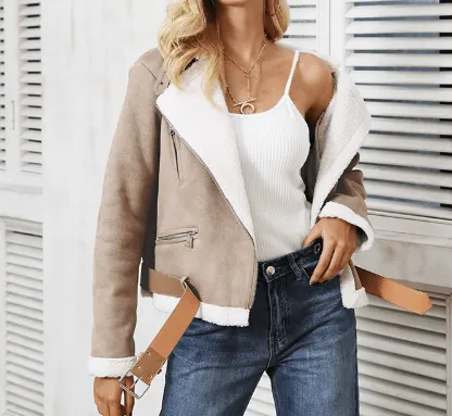 CROPPED SUEDE JACKET WITH LAMB FUR COLLAR