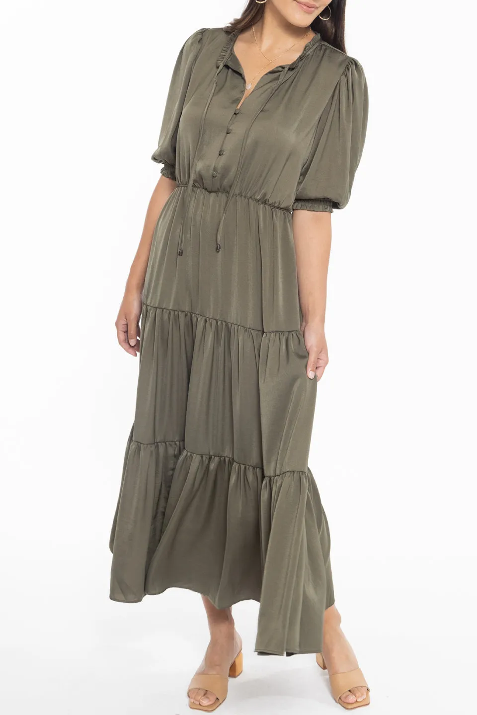 Curious Khaki Puff Short Sleeve Tiered Satin Midi Dress