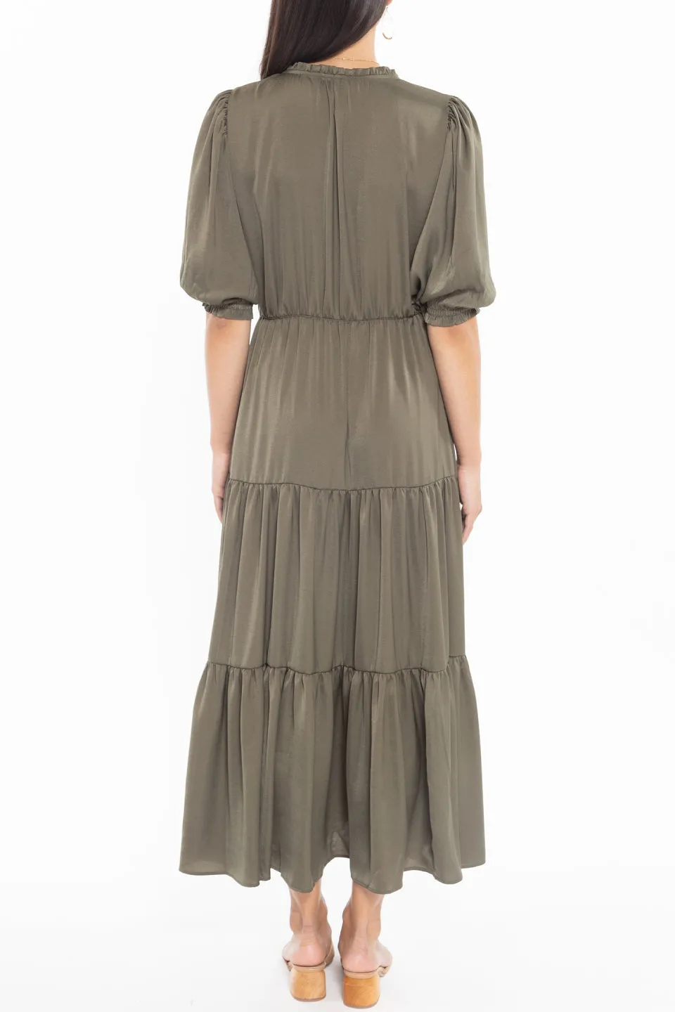 Curious Khaki Puff Short Sleeve Tiered Satin Midi Dress