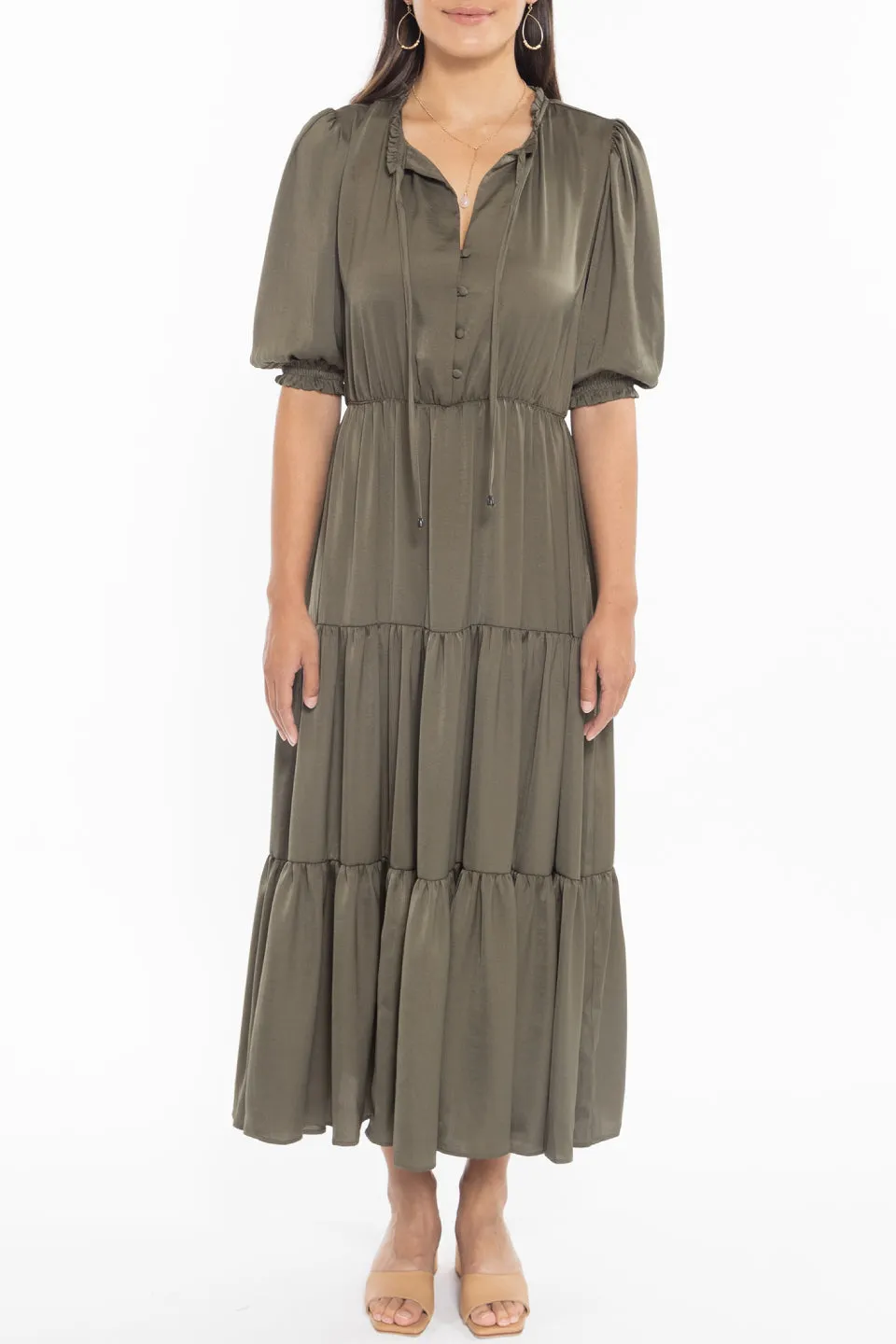 Curious Khaki Puff Short Sleeve Tiered Satin Midi Dress