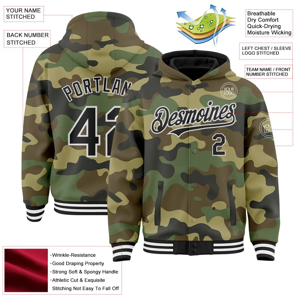 Custom Camo Black-White Bomber Full-Snap Varsity Letterman Salute To Service Hoodie Jacket