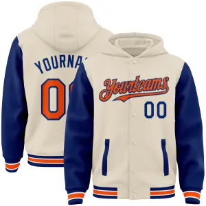 Custom Cream Orange Royal-White Bomber Full-Snap Varsity Letterman Two Tone Hoodie Jacket