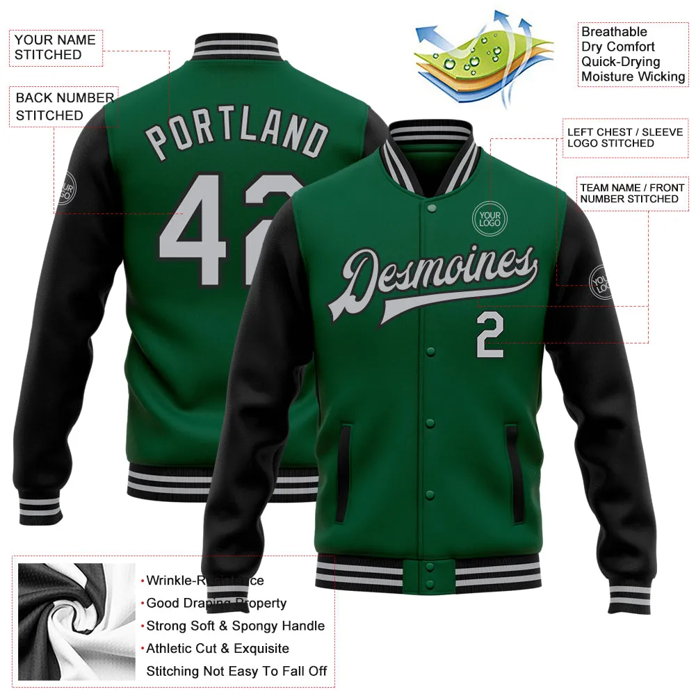 Custom Kelly Green Gray-Black Bomber Full-Snap Varsity Letterman Two Tone Jacket