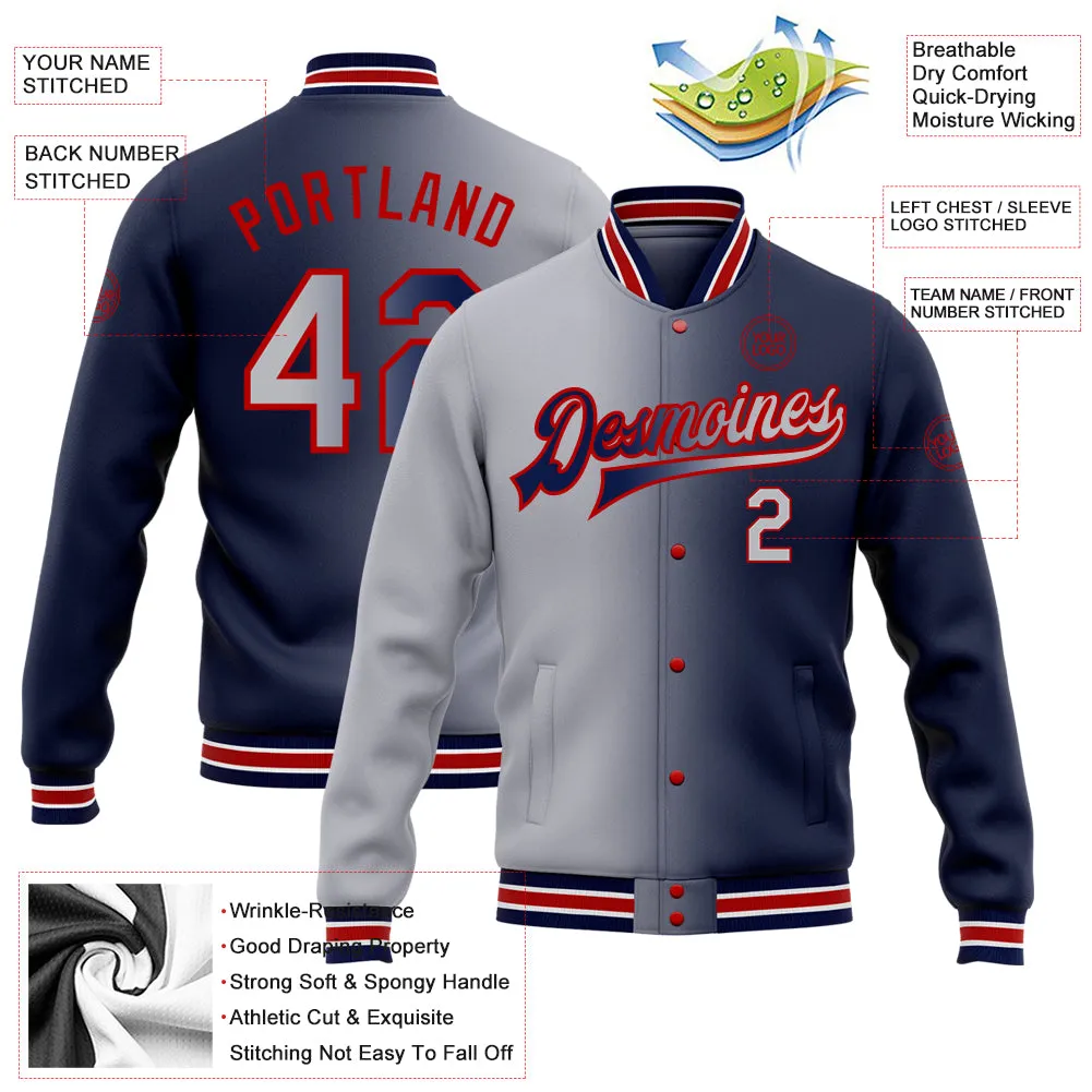 Custom Navy Gray-Red Bomber Full-Snap Varsity Letterman Gradient Fashion Jacket