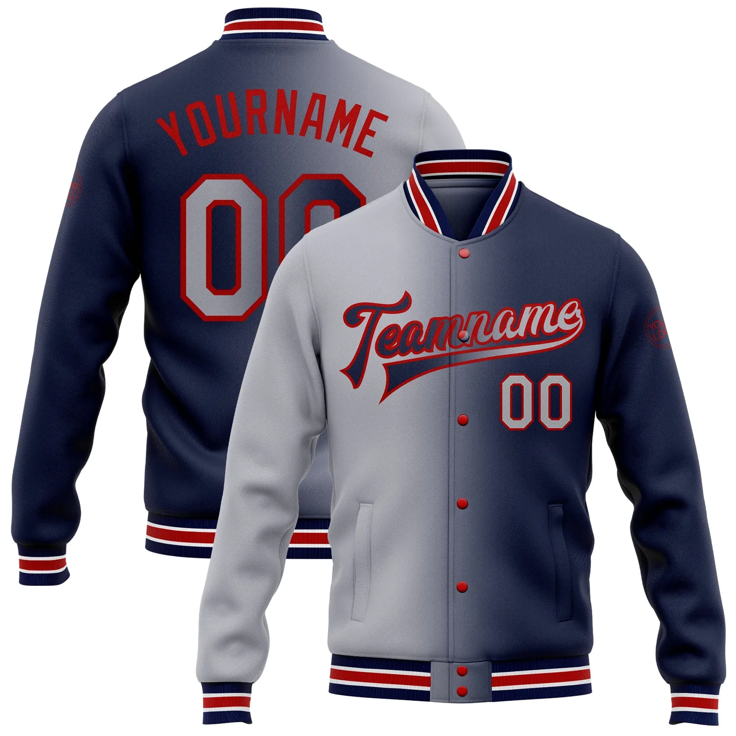 Custom Navy Gray-Red Bomber Full-Snap Varsity Letterman Gradient Fashion Jacket