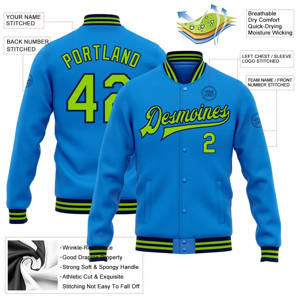 Custom Powder Blue Neon Green-Navy Bomber Full-Snap Varsity Letterman Jacket