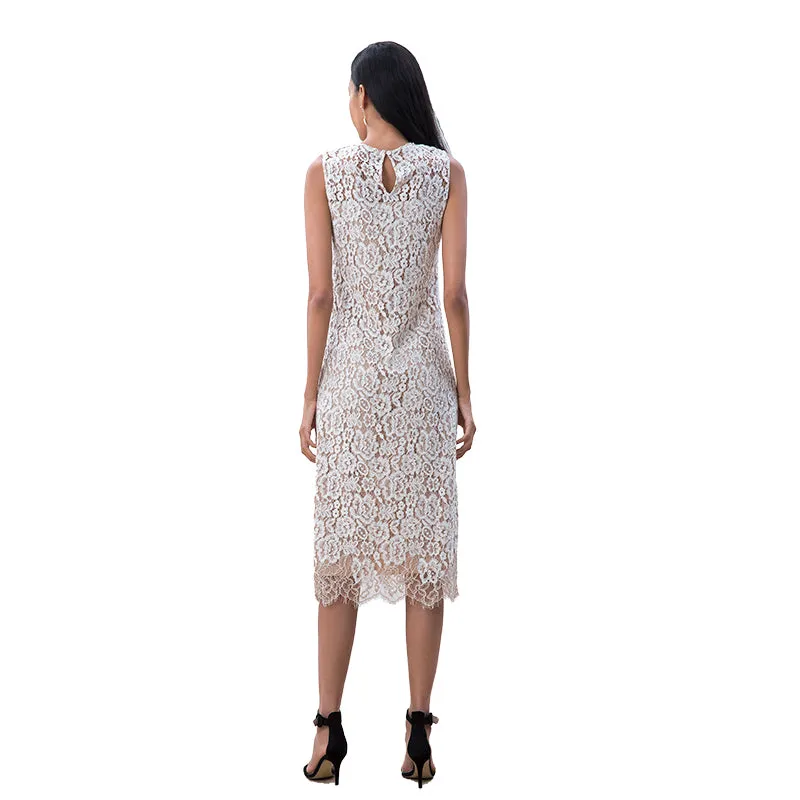 D098-2 Women two-tone eyelash lace sleeveless straight-cut party midi dress