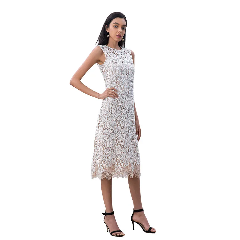 D098-2 Women two-tone eyelash lace sleeveless straight-cut party midi dress