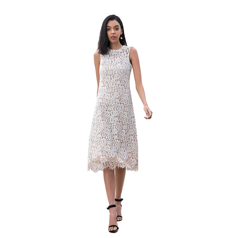 D098-2 Women two-tone eyelash lace sleeveless straight-cut party midi dress