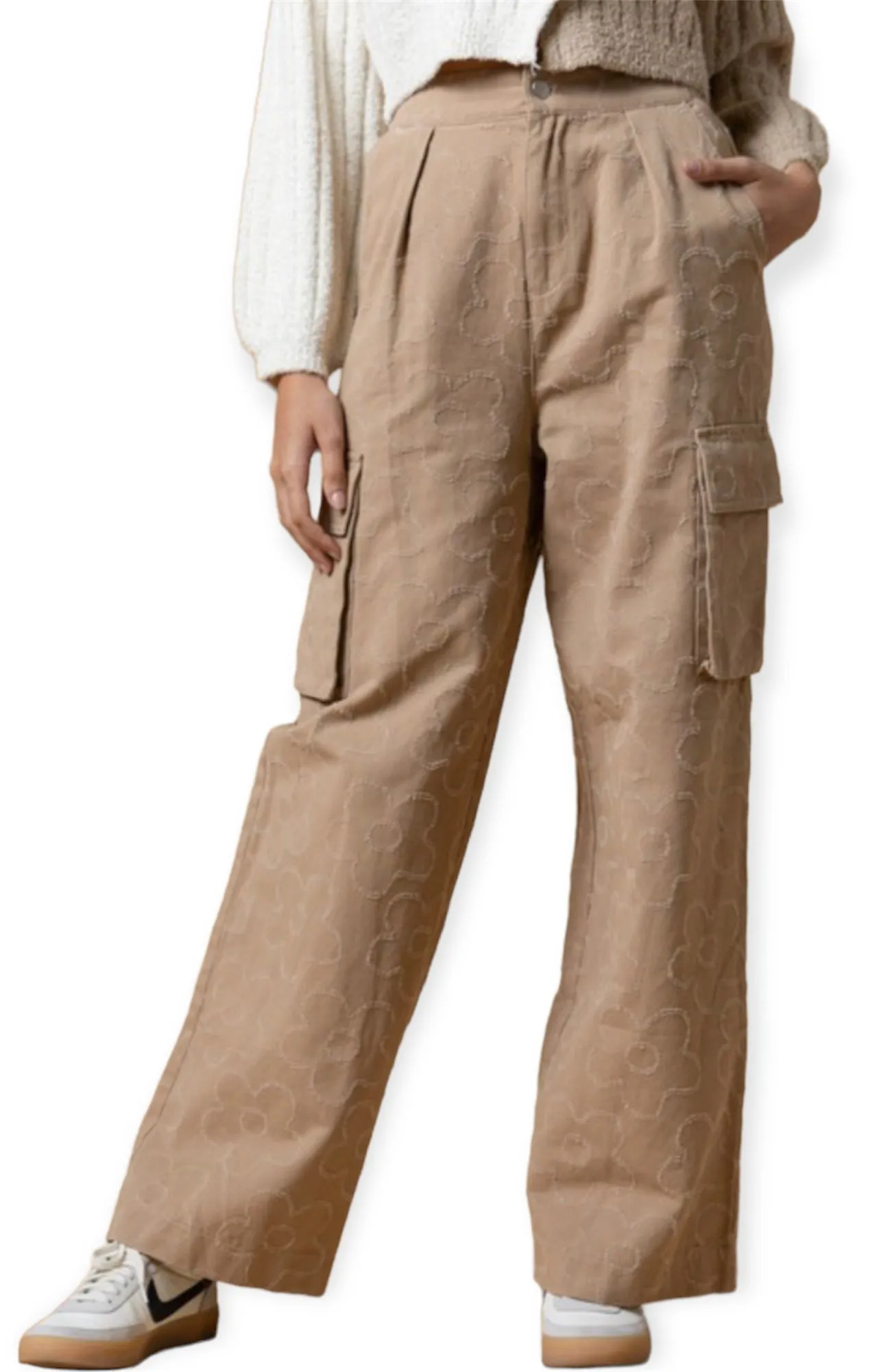 Daisy Embroidered Cargo Pants- Khaki