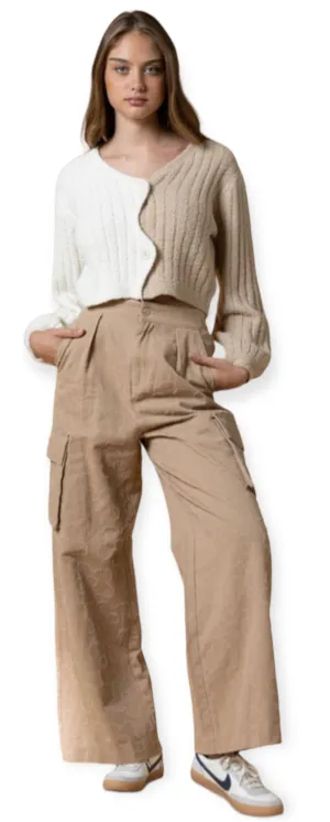 Daisy Embroidered Cargo Pants- Khaki