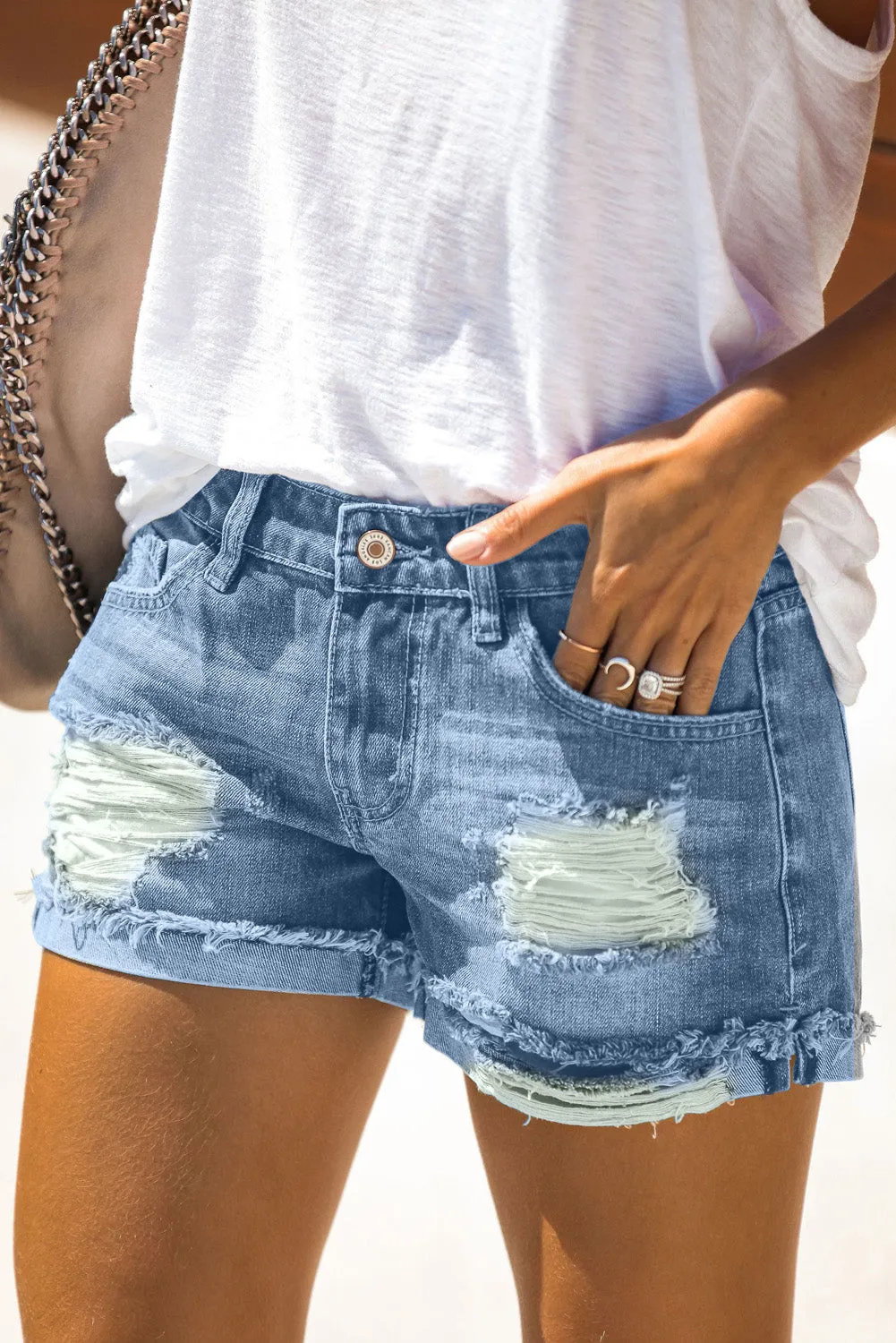 Distressed Denim Short for Women Ripped Rolled Hem Blue Denim Jean Shorts