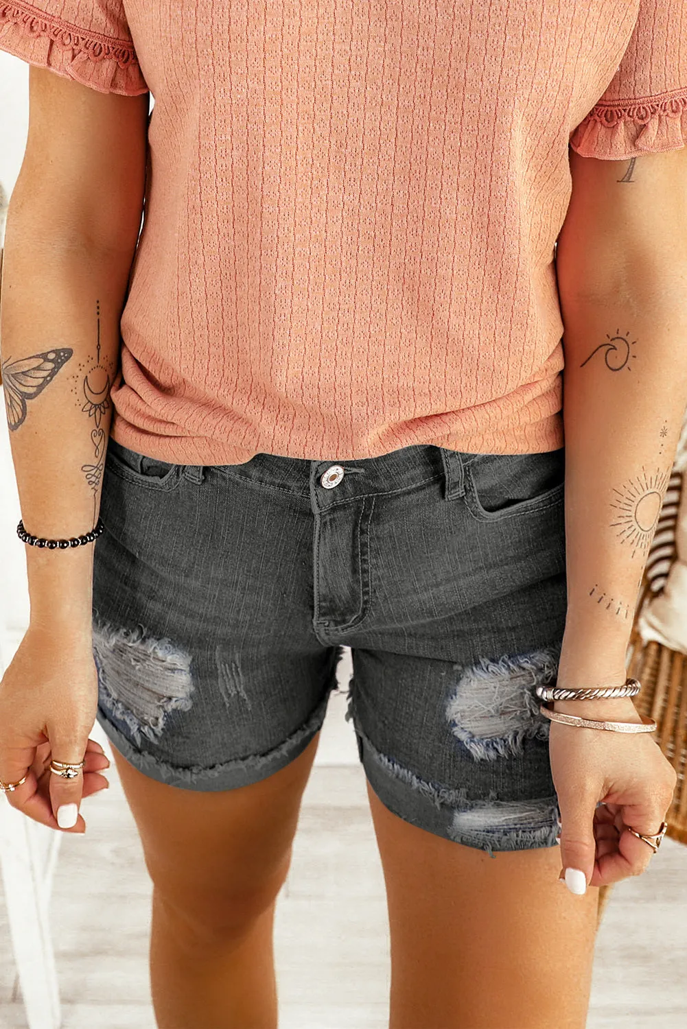 Distressed Denim Short for Women Ripped Rolled Hem Blue Denim Jean Shorts