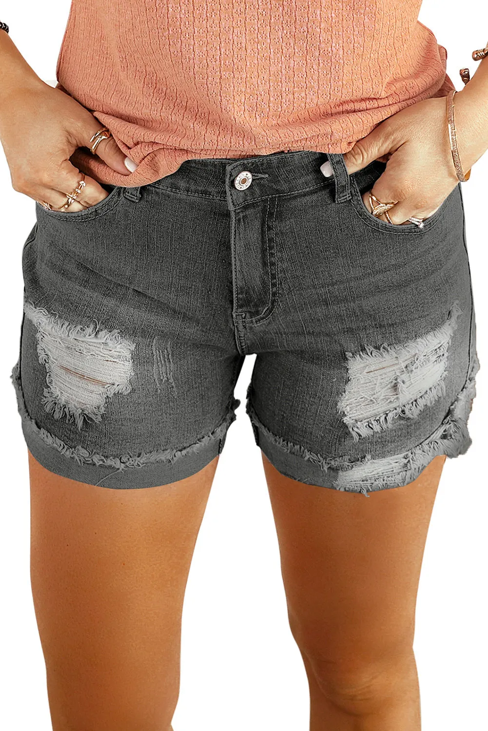 Distressed Denim Short for Women Ripped Rolled Hem Blue Denim Jean Shorts