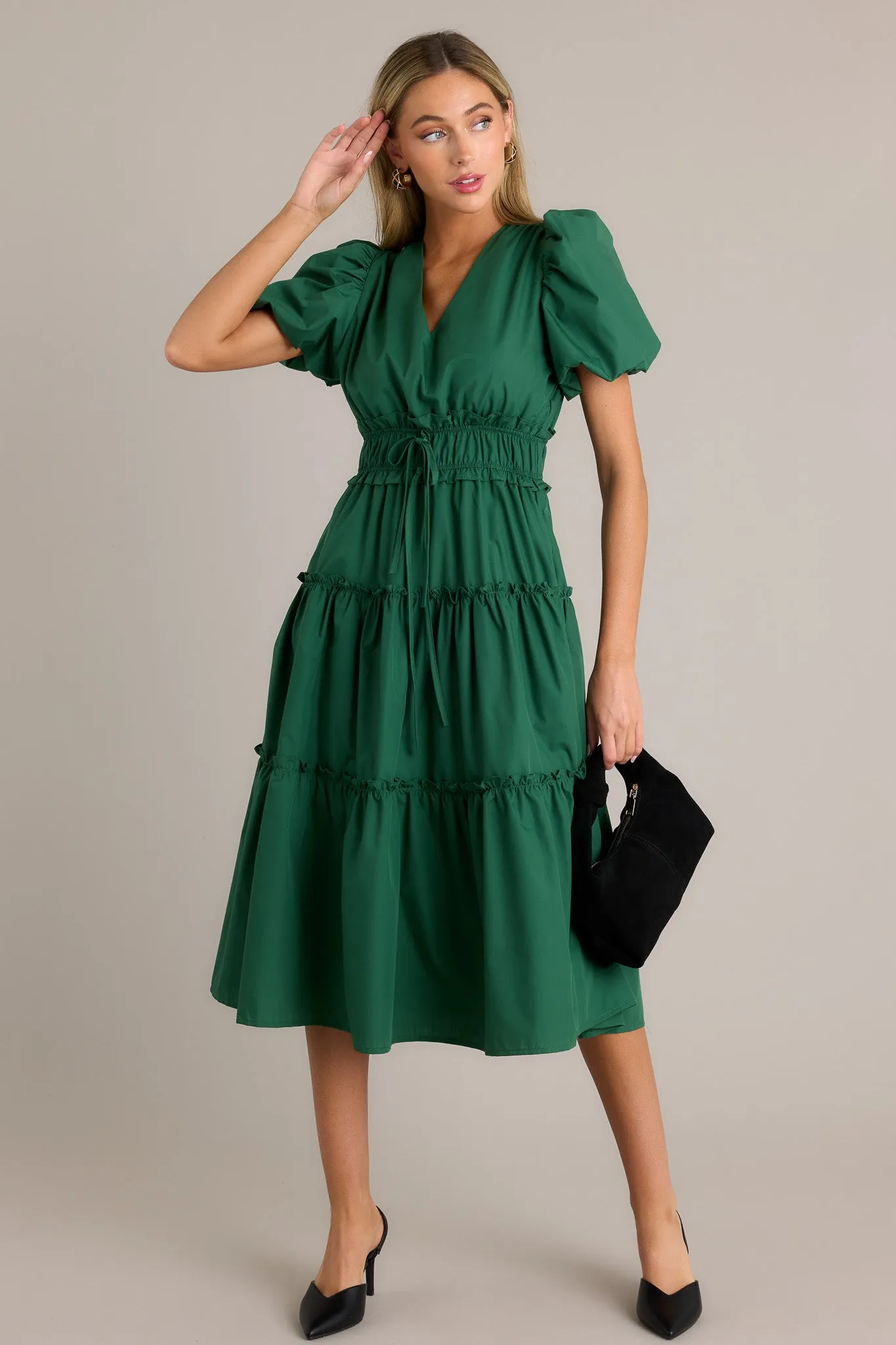 Easily Understood Hunter Green Puff Sleeve Midi Dress