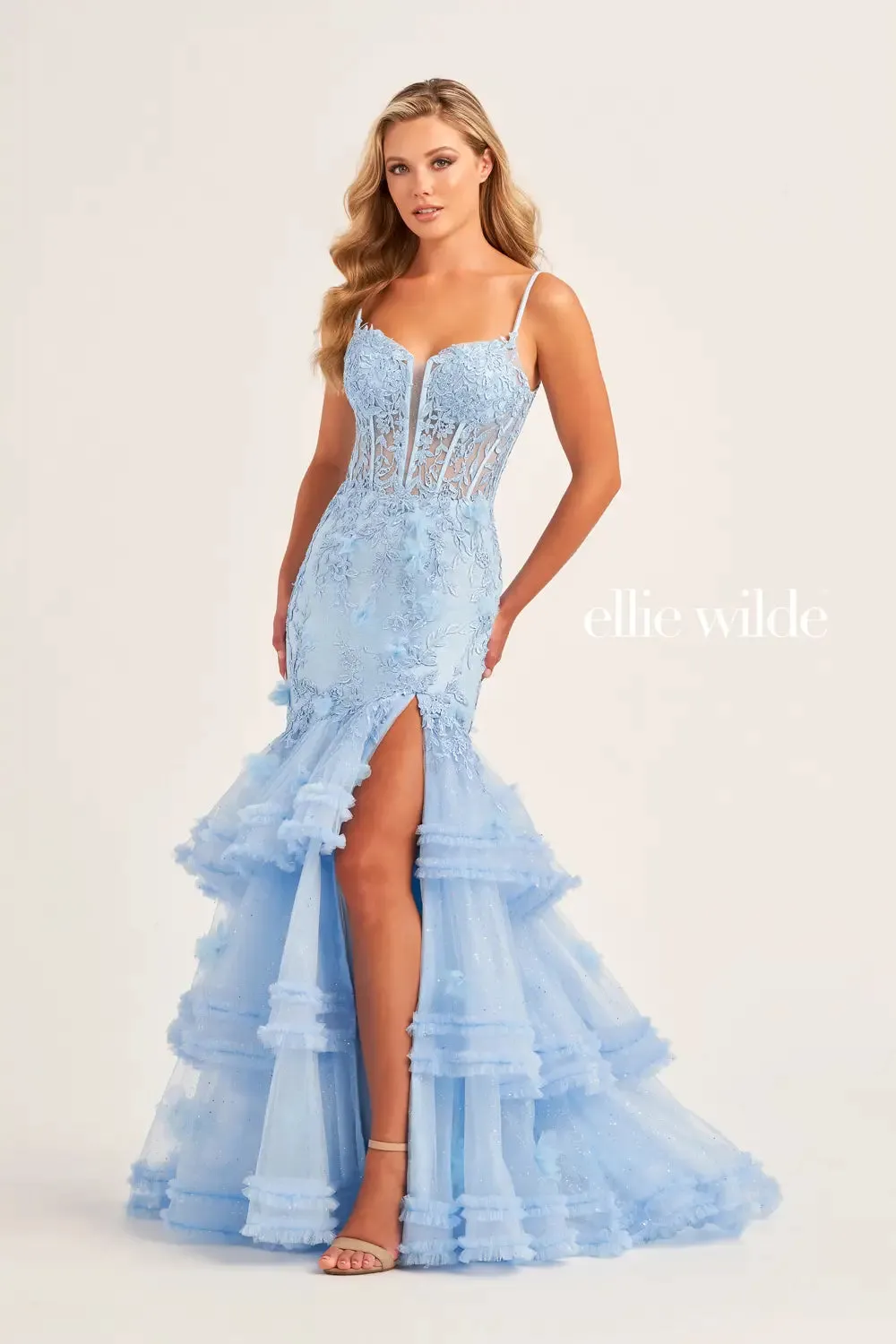 Ellie Wilde EW35050 Sheer Lace Corset Pleated Mermaid Prom Dress Ruffle Layer Shimmer Slit Formal Gown