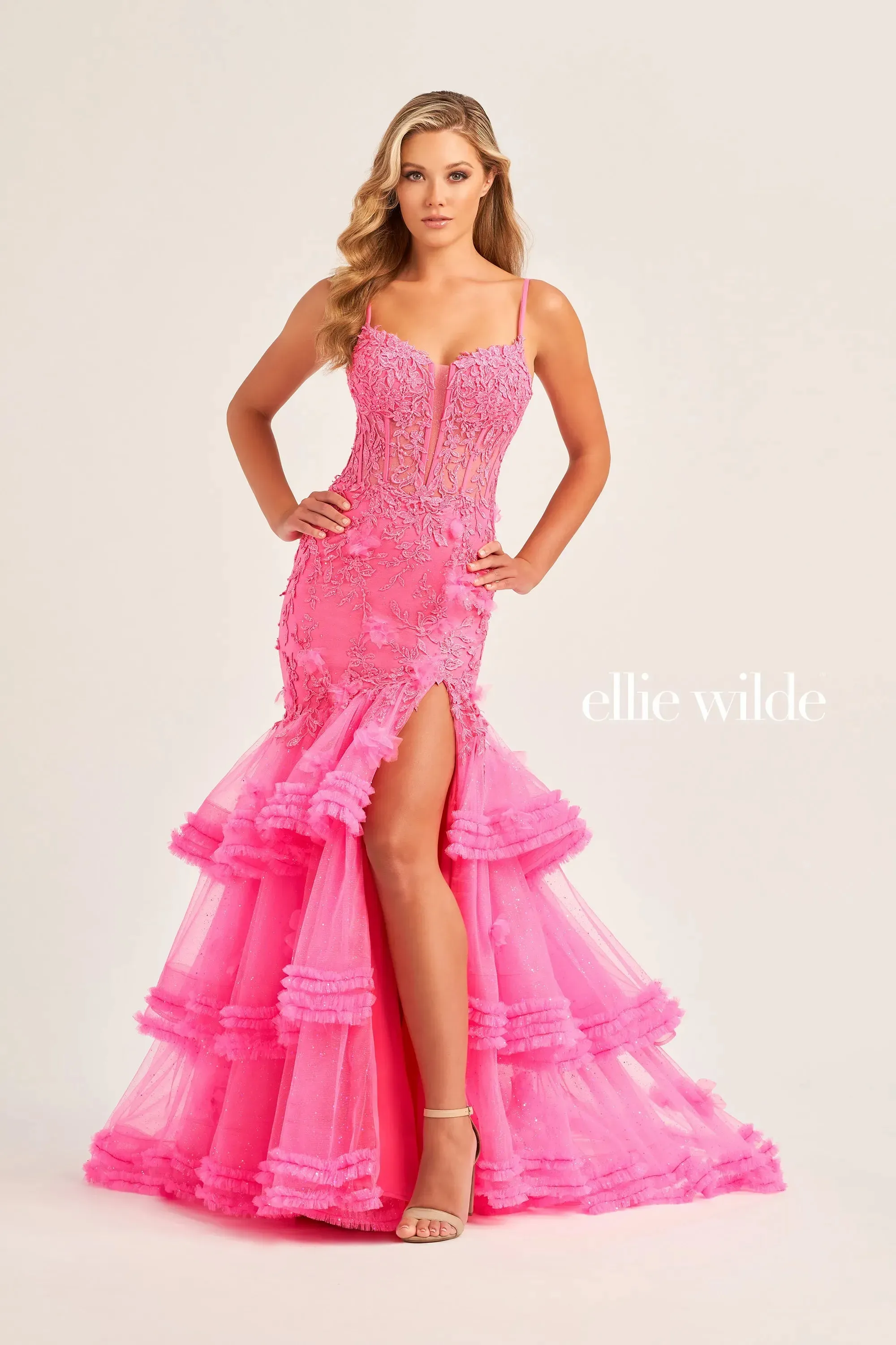 Ellie Wilde EW35050 Sheer Lace Corset Pleated Mermaid Prom Dress Ruffle Layer Shimmer Slit Formal Gown