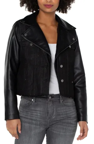 Faux Leather & Denim Moto Jacket