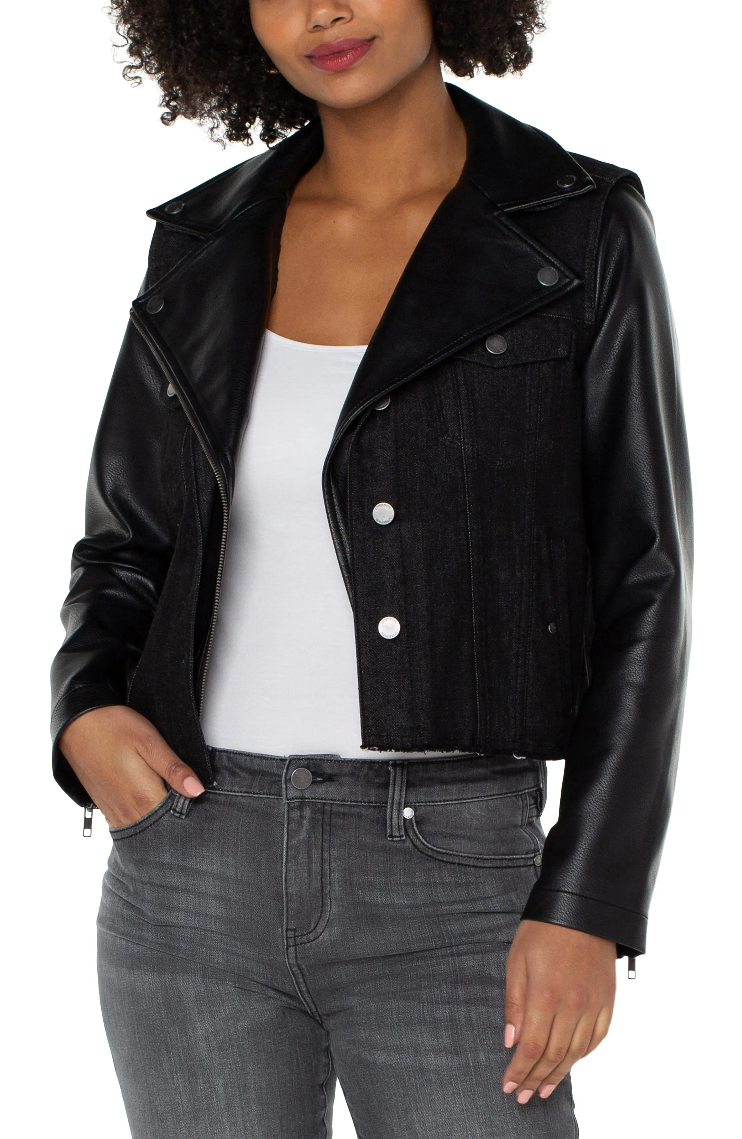 Faux Leather & Denim Moto Jacket