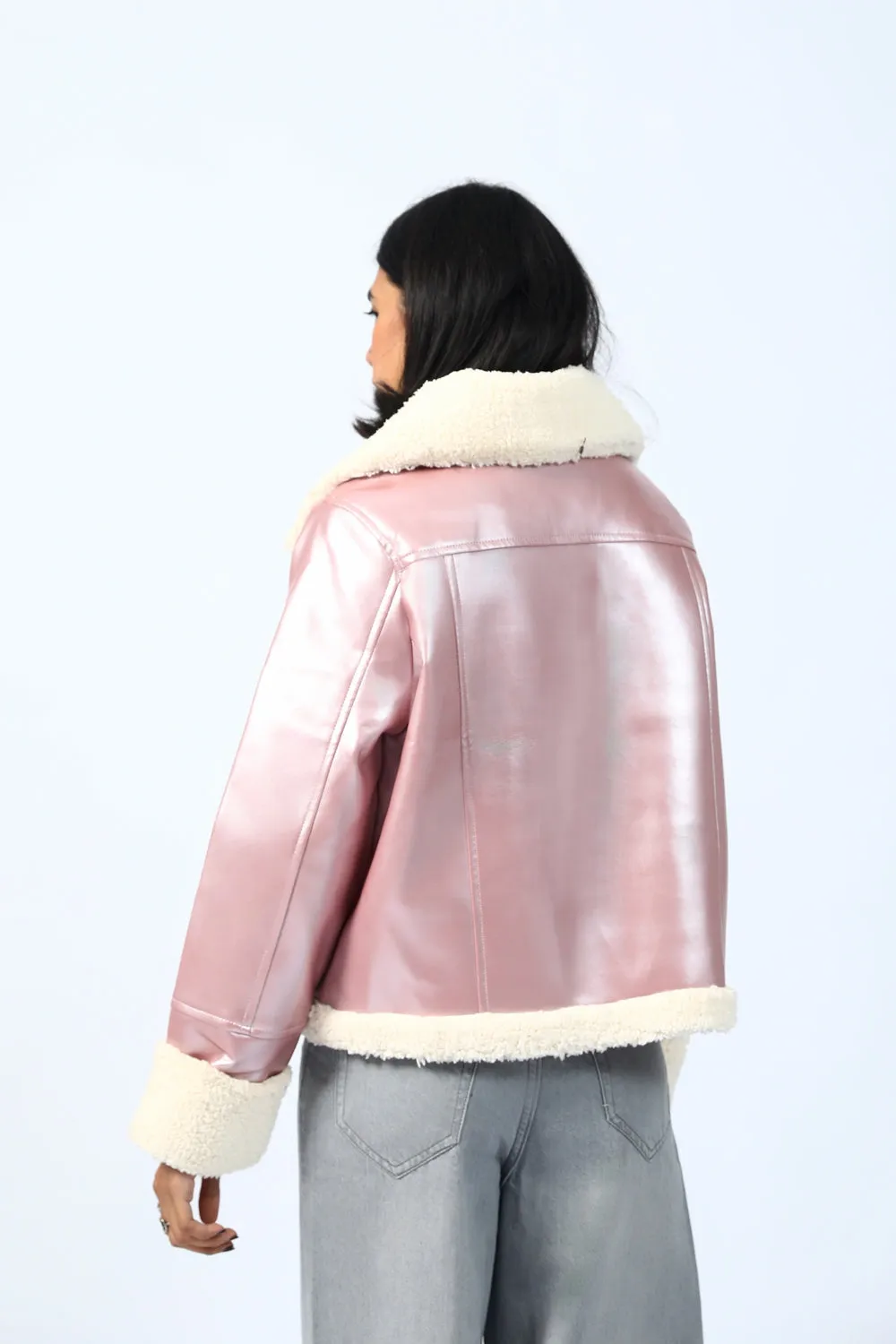 FAUX SHEARLING LINED FOIL JACKET