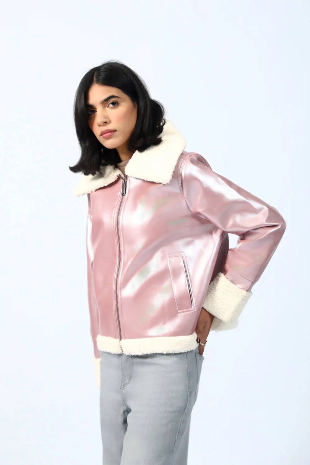 FAUX SHEARLING LINED FOIL JACKET