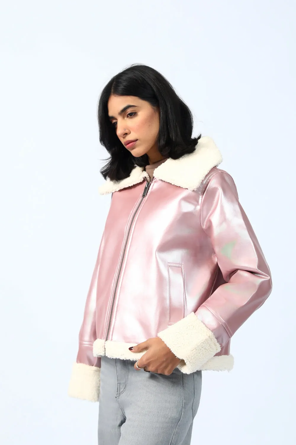 FAUX SHEARLING LINED FOIL JACKET