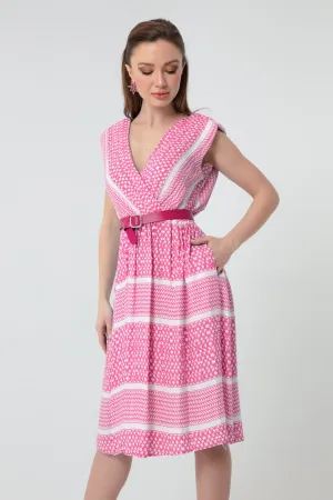 Female Cruve Collar Patterned Midi Dress