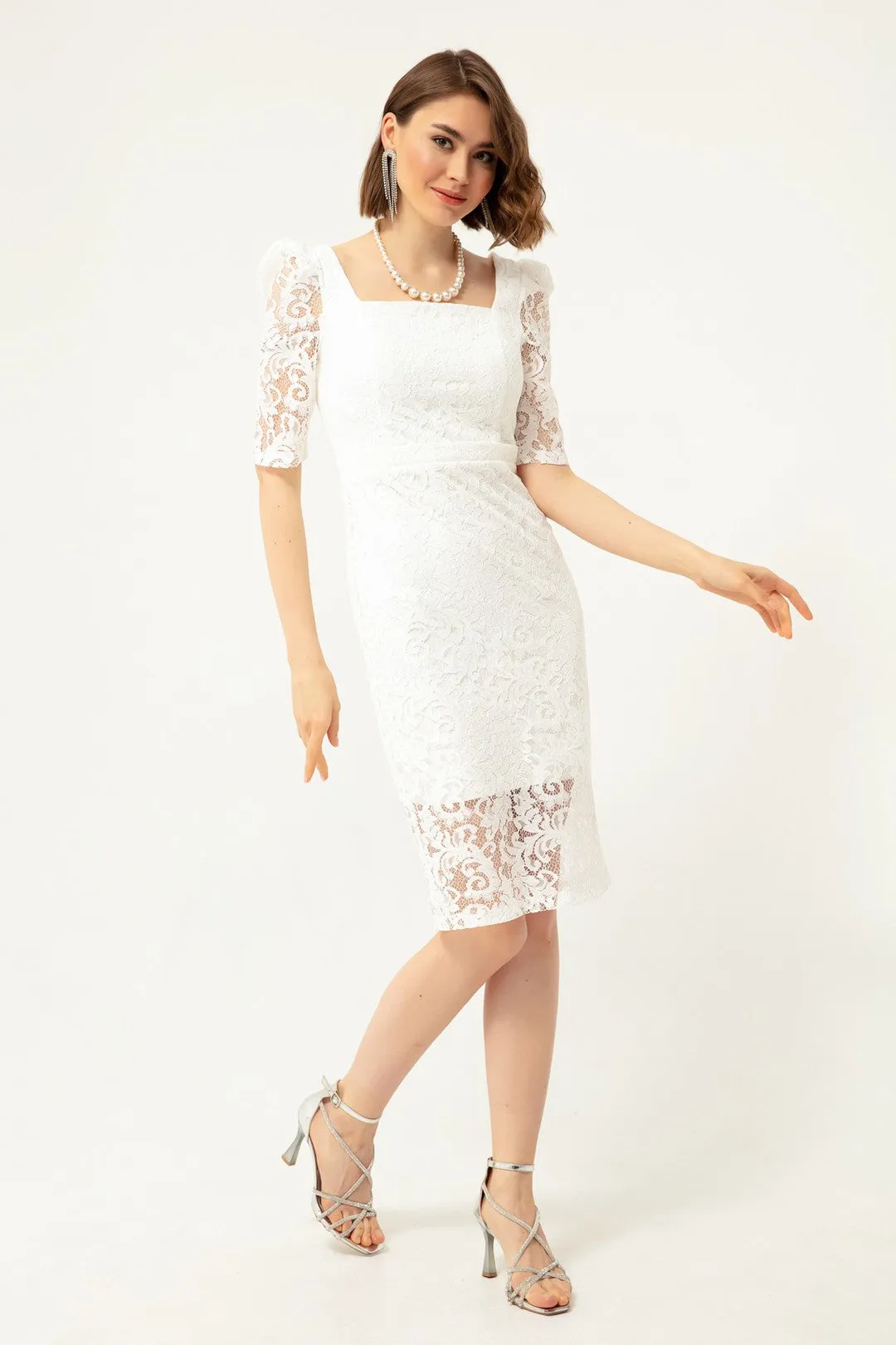 Female Square Collar Lace Midi Evening Dress