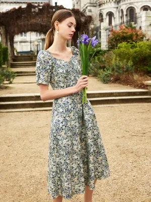 Floral Printed Square Neck Women Midi Dress