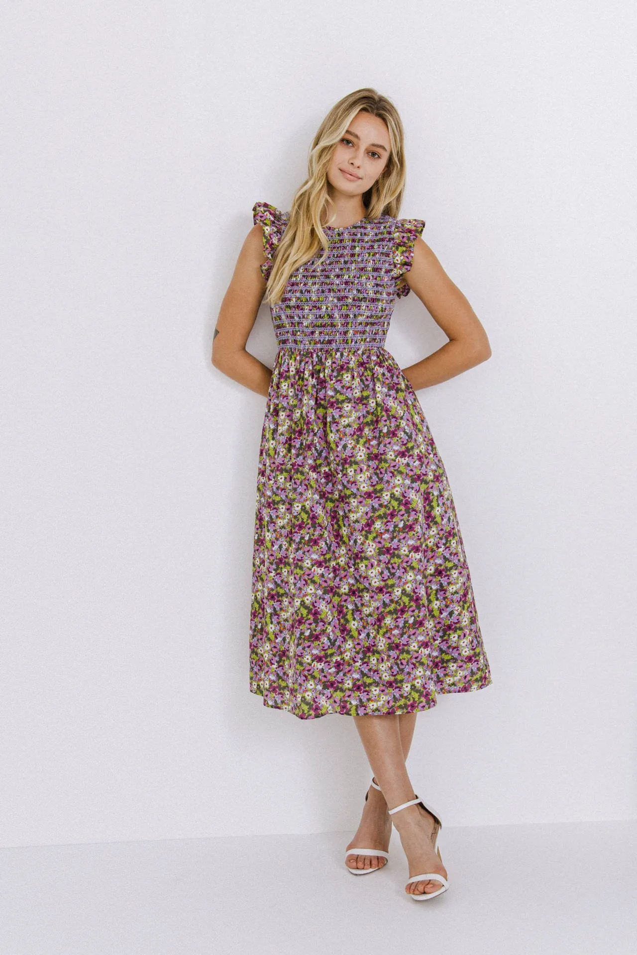 Floral Smocked Sleeveless Midi Dress