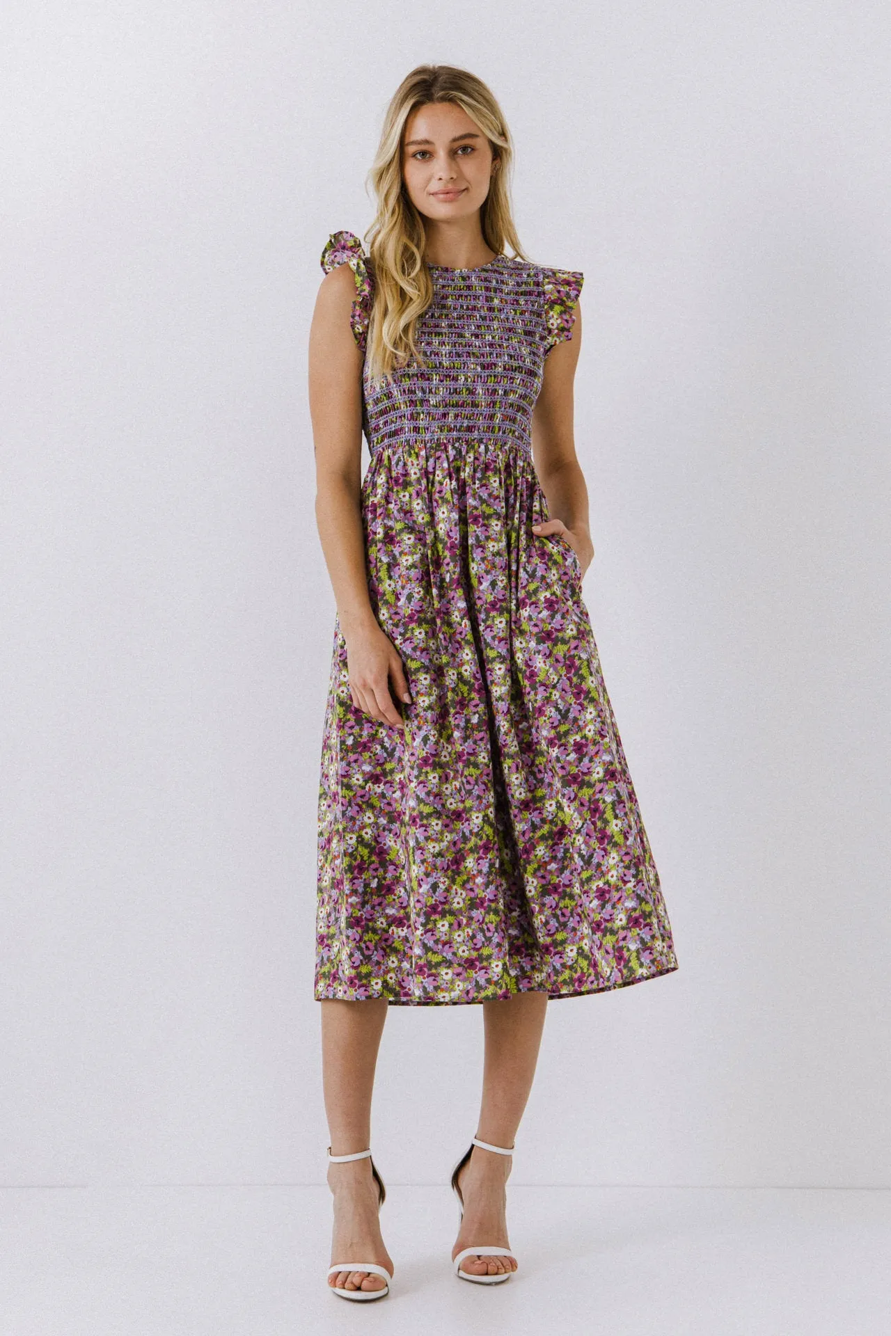 Floral Smocked Sleeveless Midi Dress