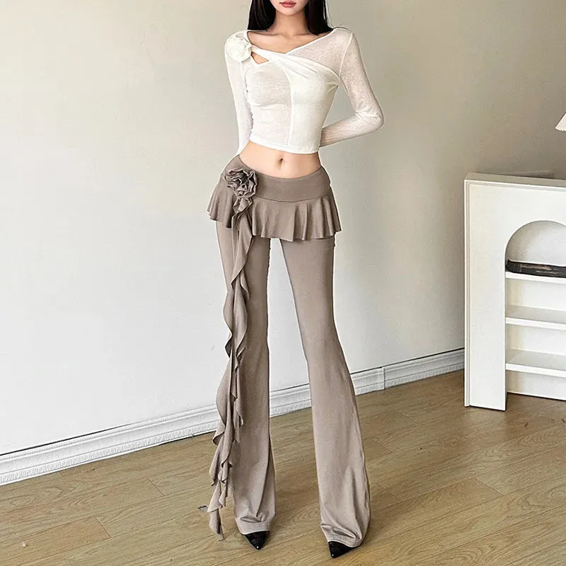 Flower High Fashion Strecth Solid Straight Folds Ribbons Summer Patchwork Casual Pants