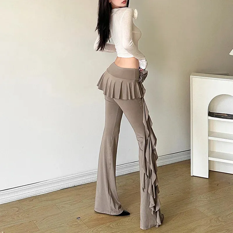 Flower High Fashion Strecth Solid Straight Folds Ribbons Summer Patchwork Casual Pants