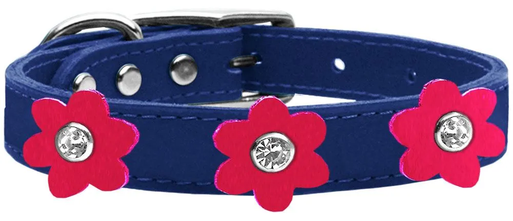 Flower Leather Collar Blue With Bright Pink Flowers Size 18