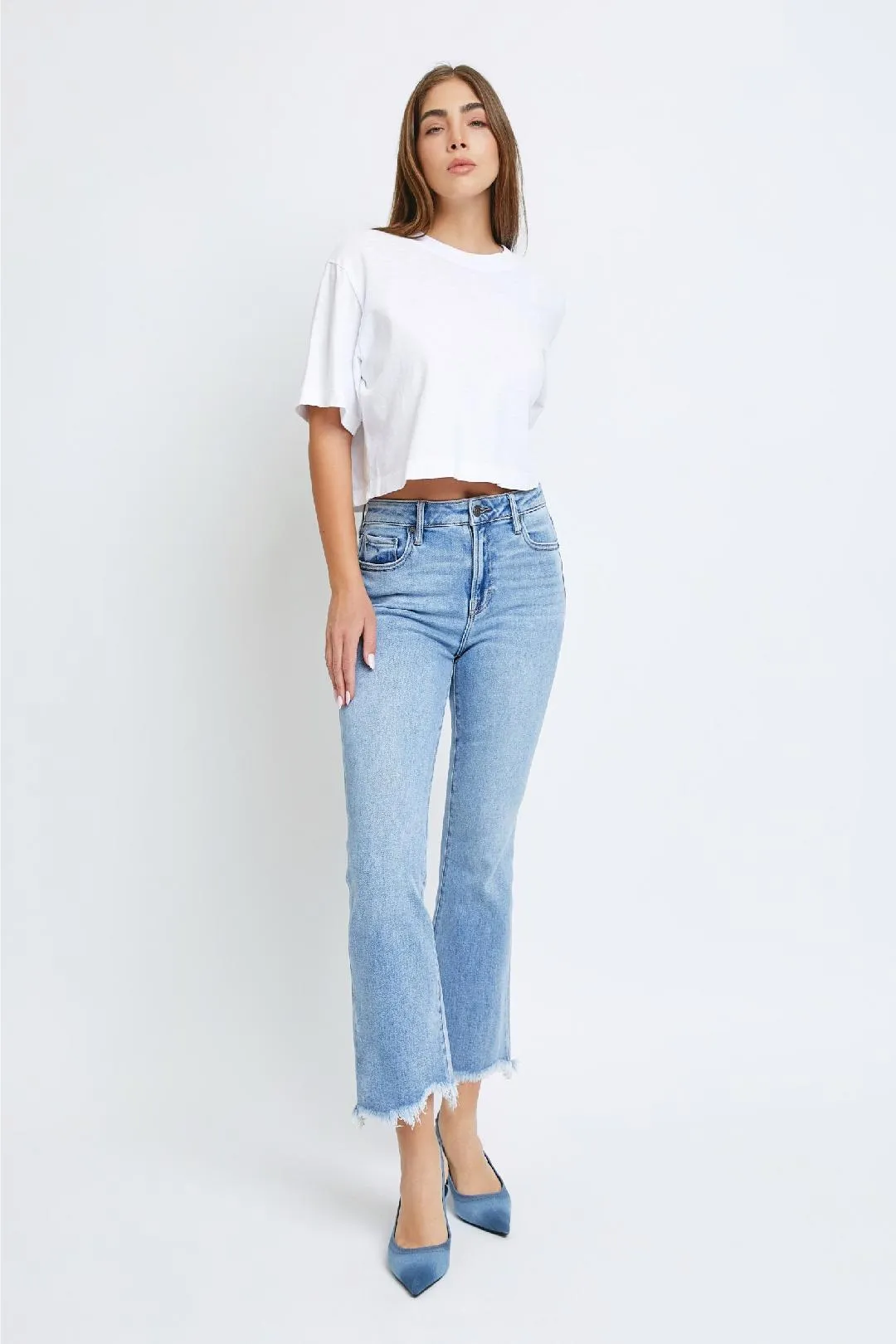 Frayed Hem Stretch Denim Crop Flare by Hidden Denim