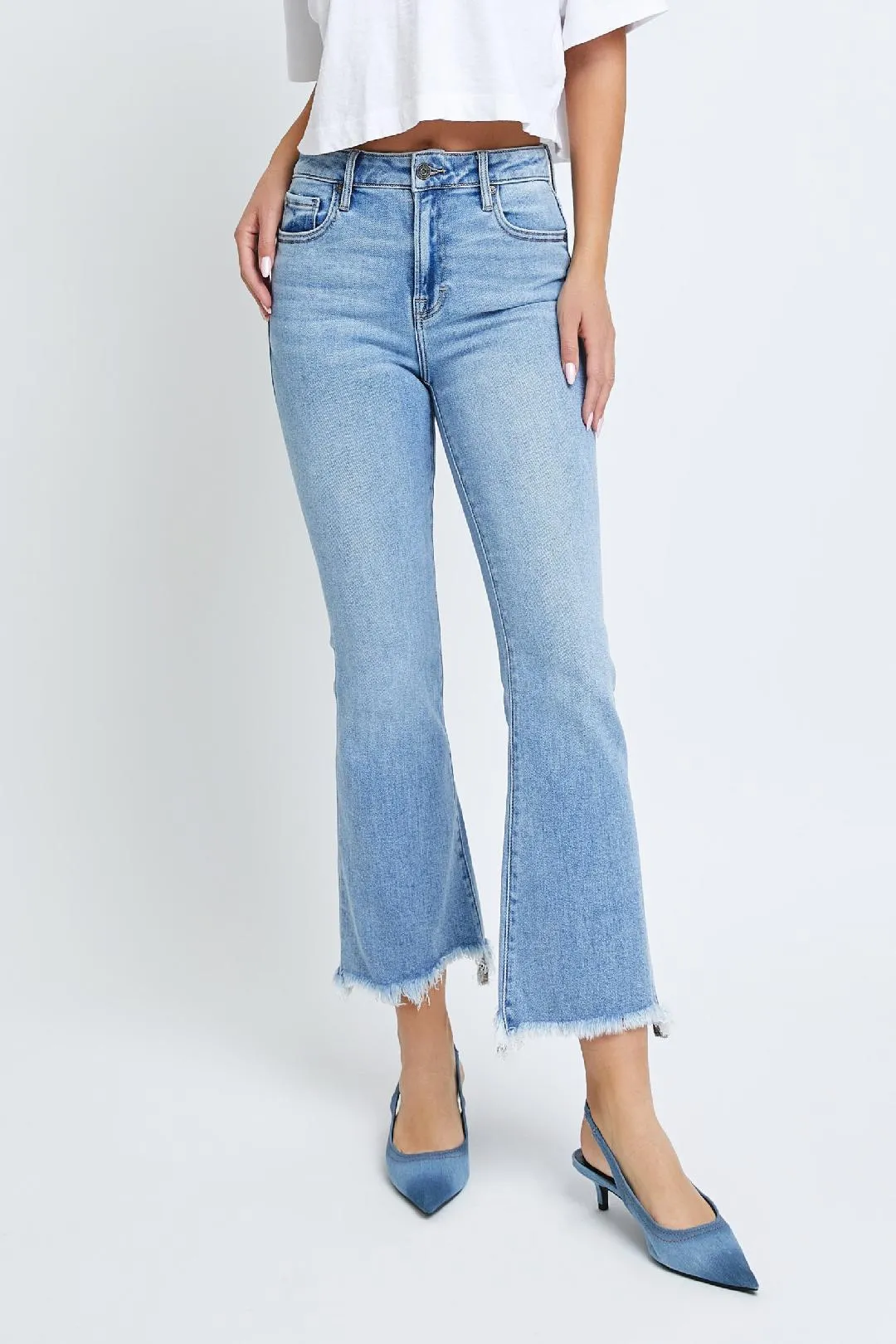 Frayed Hem Stretch Denim Crop Flare by Hidden Denim