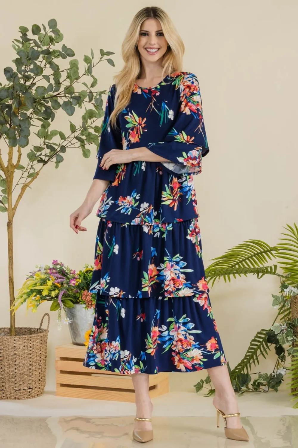 Full Size Floral Ruffle Tiered Midi Dress