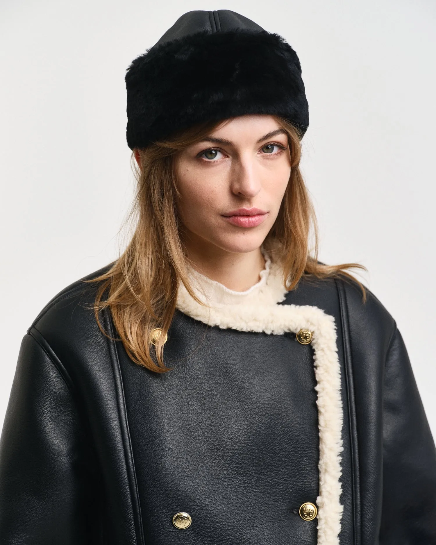 Gant Women Black Solid Wrap Neck Full Sleeves Shearling Jacket