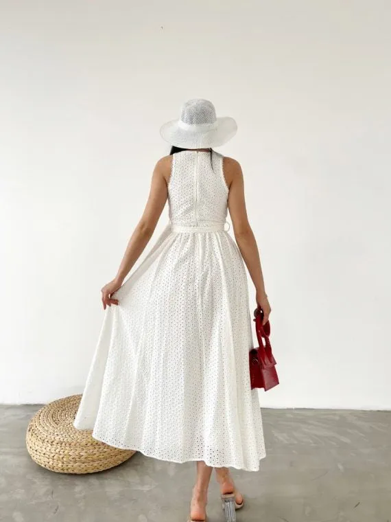 Gathered Long Dress With Waist Belt