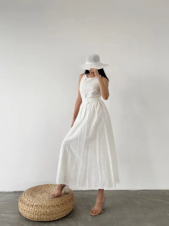 Gathered Long Dress With Waist Belt