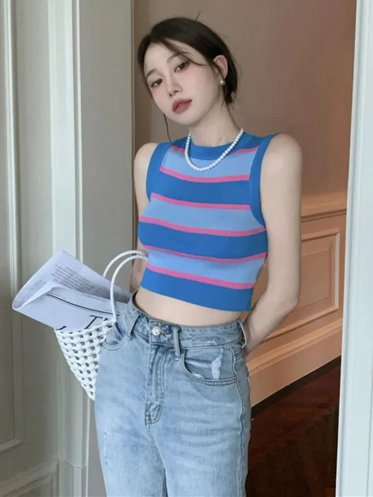 Girlary Fashion Spring Summer Corset Top Striped Knitted Sleeveless Top High Waist Short Vest T-shirt Tops Tank Top Tops for Women