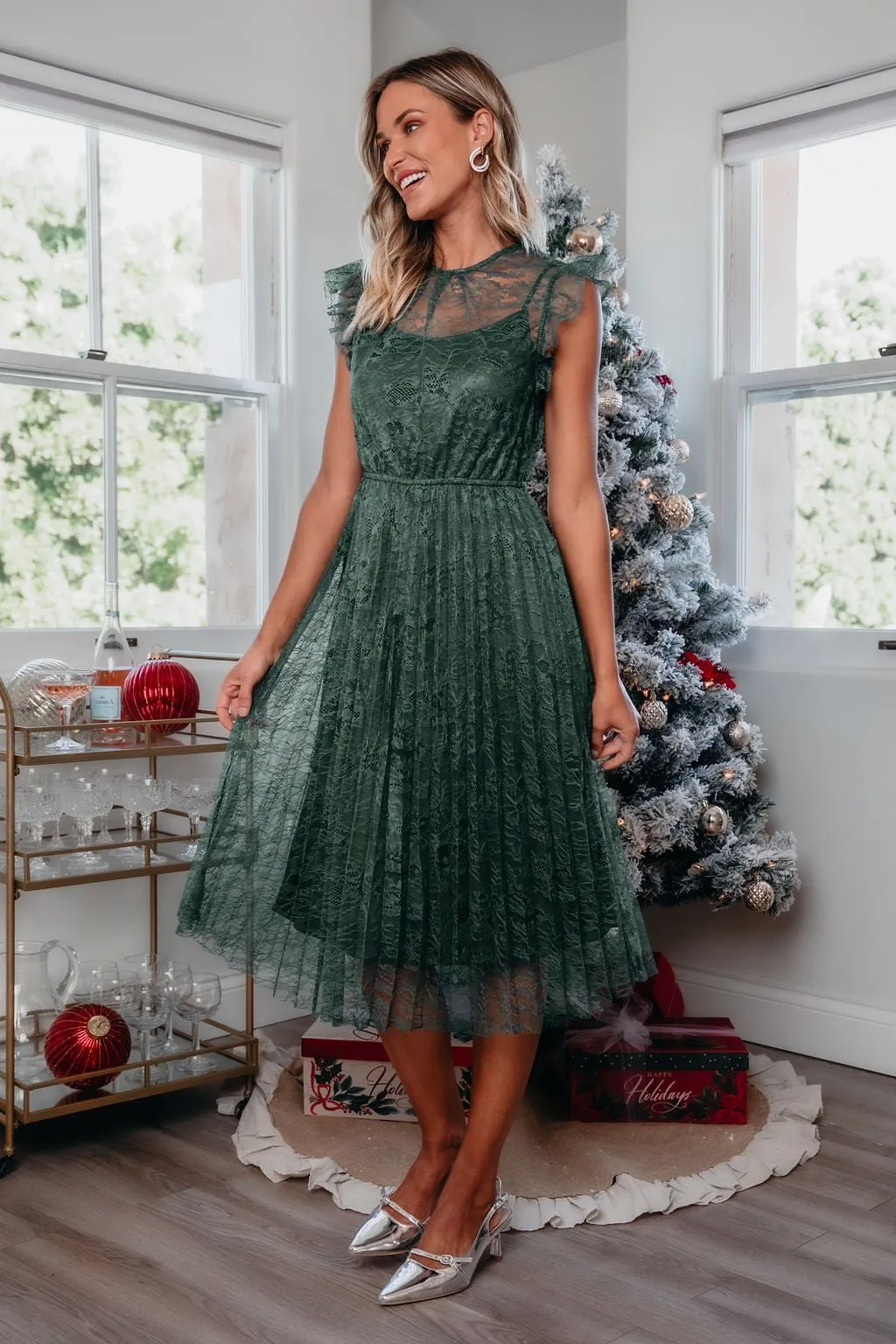 Green Floral Lace Pleated Midi Dress - FINAL SALE